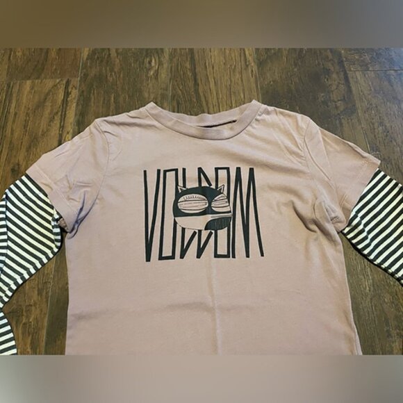 Volcom pink &grey layered long sleeve T shirt Skills Pixie ninja cat punk rock - Picture 3 of 6